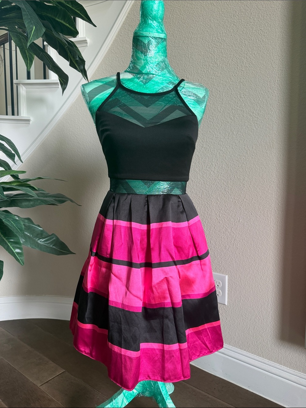 Black & Hot Pink Striped Fit-and-Flare Dress